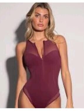 TA3 SURFY CREWY SWIMSUIT ONE PIECE M Reg/Long Dark Cherry MESH CONTOUR CREWNECK